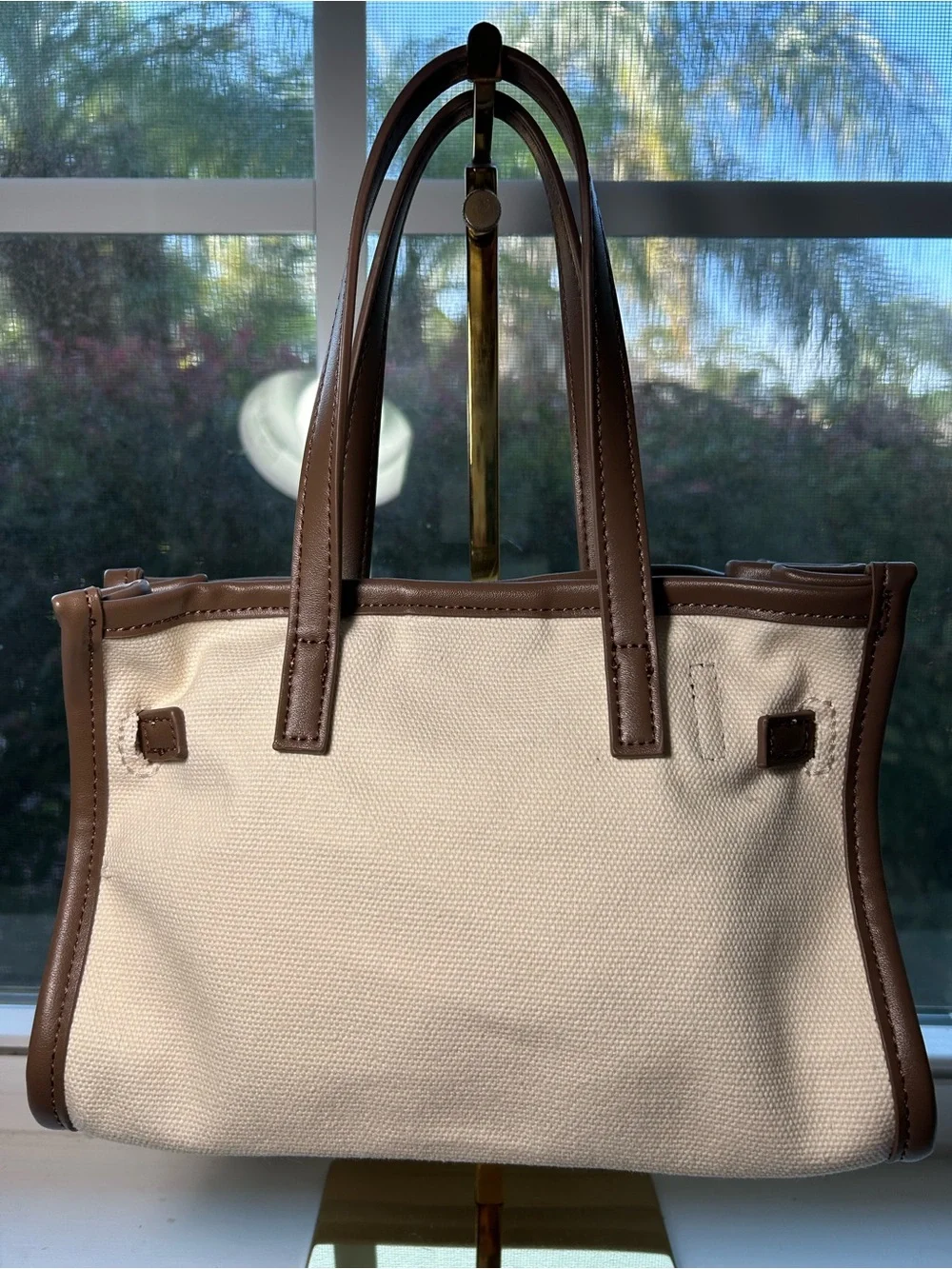 NWT🌷Anthropologie Cream Canvas Tote with Brown Trim and Gold Lock Hardware
